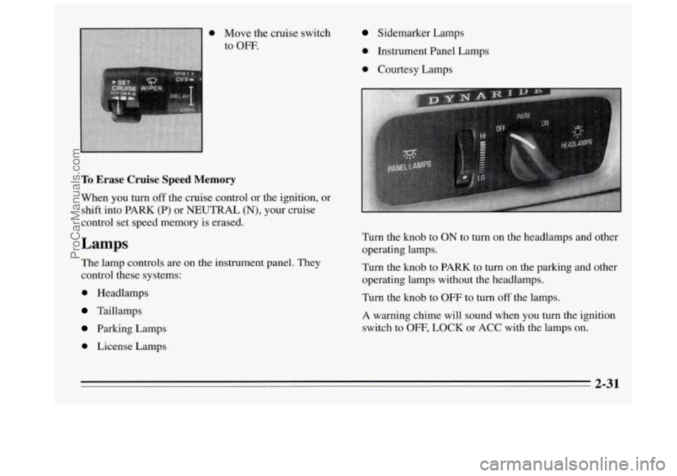 BUICK REGAL 1995  Owners Manual To Erase  Cruise  Speed  Memory 
When you turn off the  cruise  control  or  the  ignition,  or 
shift  into  PARK (P) or NEUTRAL 
(N), your  cruise 
control  set  speed memory is  erased. 
Lamps 
The