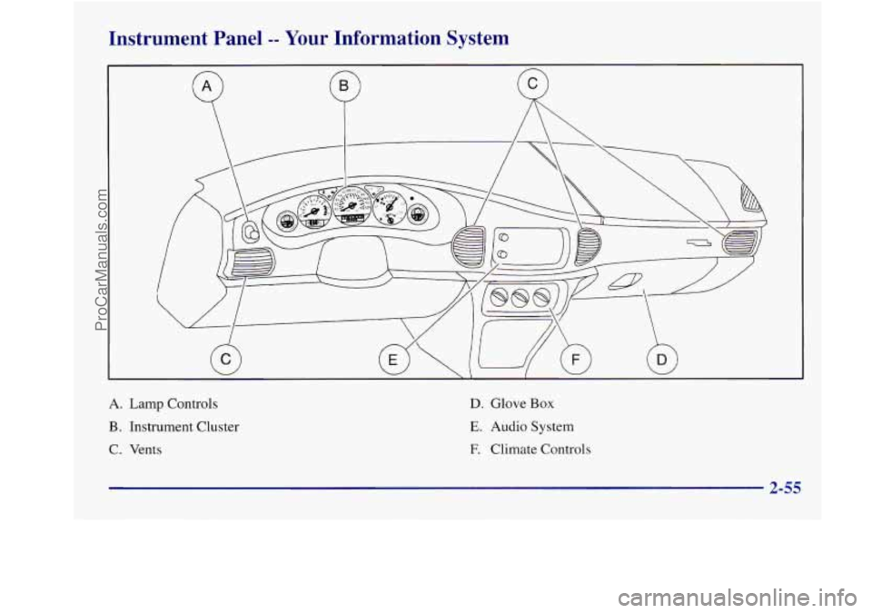 BUICK REGAL 1998  Owners Manual Instrument  Panel -- Your Information  System 
A. Lamp Controls 
B. Instrument Cluster 
C.  Vents 
D. Glove Box 
E. Audio System 
E Climate Controls 
2-55 
ProCarManuals.com 