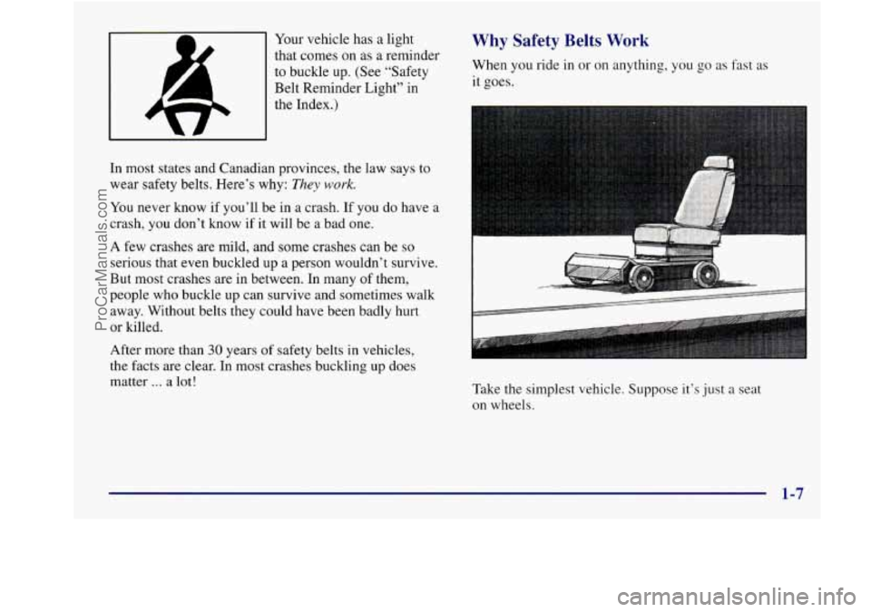 BUICK REGAL 1998 User Guide Your vehicle has a light
that comes on as a reminder
to buckle up. (See “Safety
Belt Reminder Light” in
the Index.)
In most states and Canadian provinces, the law says to
wear s BUICK REGAL 1998 User Guide Your vehicle has a light
that comes on as a reminder
to buckle up. (See “Safety
Belt Reminder Light” in
the Index.)
In most states and Canadian provinces, the law says to
wear s