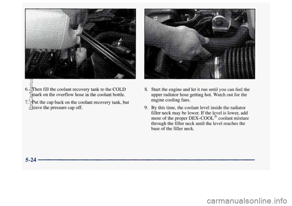 BUICK REGAL 1998 Owners Manual I
Then fill the coolant recovery tank to the COLD
mark on the overflow hose in the coolant bottle.
Put the cap back on the coolant recovery tank, but
leave the pressure cap
off.
8. Sta BUICK REGAL 1998 Owners Manual I
Then fill the coolant recovery tank to the COLD
mark on the overflow hose in the coolant bottle.
Put the cap back on the coolant recovery tank, but
leave the pressure cap
off.
8. Sta