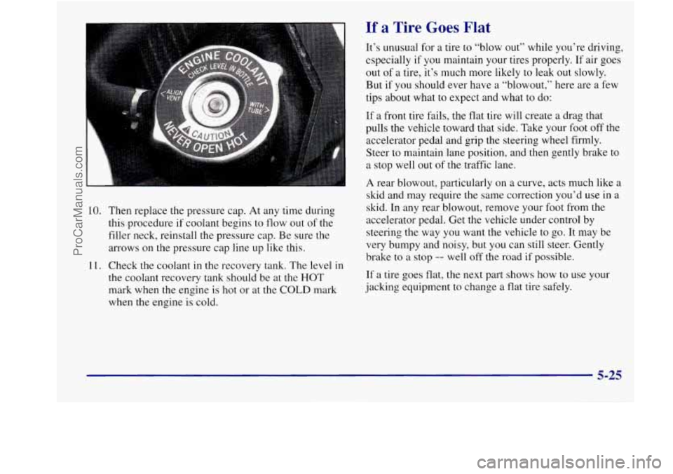 BUICK REGAL 1998 Owners Manual If a Tire Goes Flat
10. Then replace the pressure cap. At any time during
this procedure
if coolant begins to flow out of the
filler neck, reinstall the pressure cap. Be sure the
arro BUICK REGAL 1998 Owners Manual If a Tire Goes Flat
10. Then replace the pressure cap. At any time during
this procedure
if coolant begins to flow out of the
filler neck, reinstall the pressure cap. Be sure the
arro