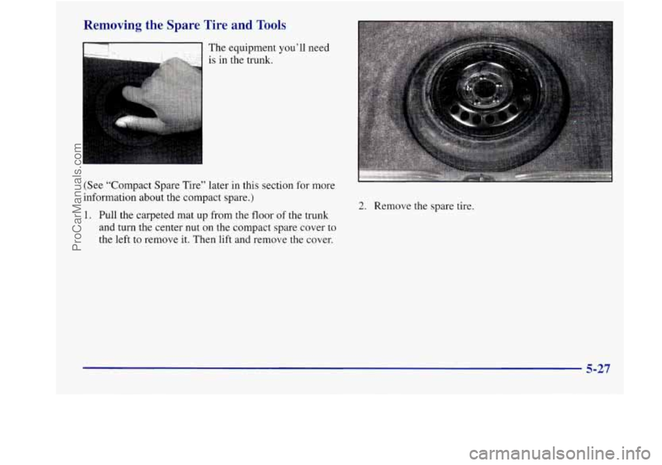 BUICK REGAL 1998 Owners Manual Removing the Spare Tire and Tools
(See “Compact Spare Tire” later in this section for more
information about the compact spare.)
1. Pull the carpeted mat up from the floor of the trun BUICK REGAL 1998 Owners Manual Removing the Spare Tire and Tools
(See “Compact Spare Tire” later in this section for more
information about the compact spare.)
1. Pull the carpeted mat up from the floor of the trun
