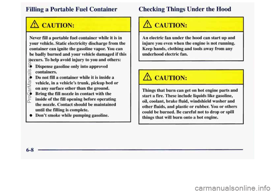 BUICK REGAL 1998 Owners Manual Filling a Portable Fuel Container Checking Things
Under the Hood
Never fill a portable fuel container while it is in
your vehicle. Static electricity discharge from the
container can ign BUICK REGAL 1998 Owners Manual Filling a Portable Fuel Container Checking Things
Under the Hood
Never fill a portable fuel container while it is in
your vehicle. Static electricity discharge from the
container can ign