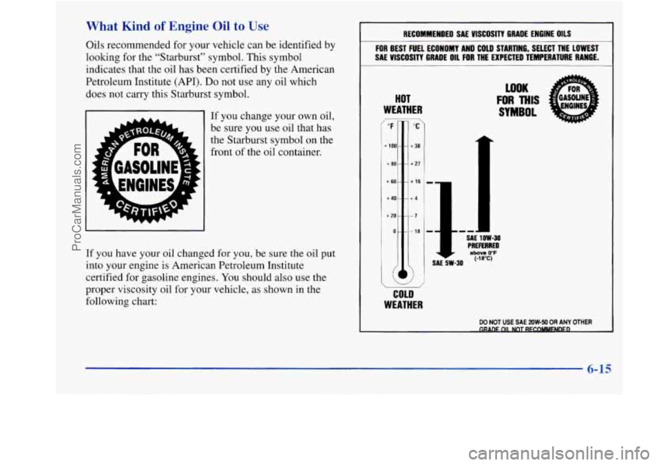 BUICK REGAL 1998 Owners Manual What Kind of Engine Oil to Use
Oils recommended for your vehicle can be identified by
looking for the “Starburst” symbol. This symbol
indicates that the oil has been certified by t BUICK REGAL 1998 Owners Manual What Kind of Engine Oil to Use
Oils recommended for your vehicle can be identified by
looking for the “Starburst” symbol. This symbol
indicates that the oil has been certified by t