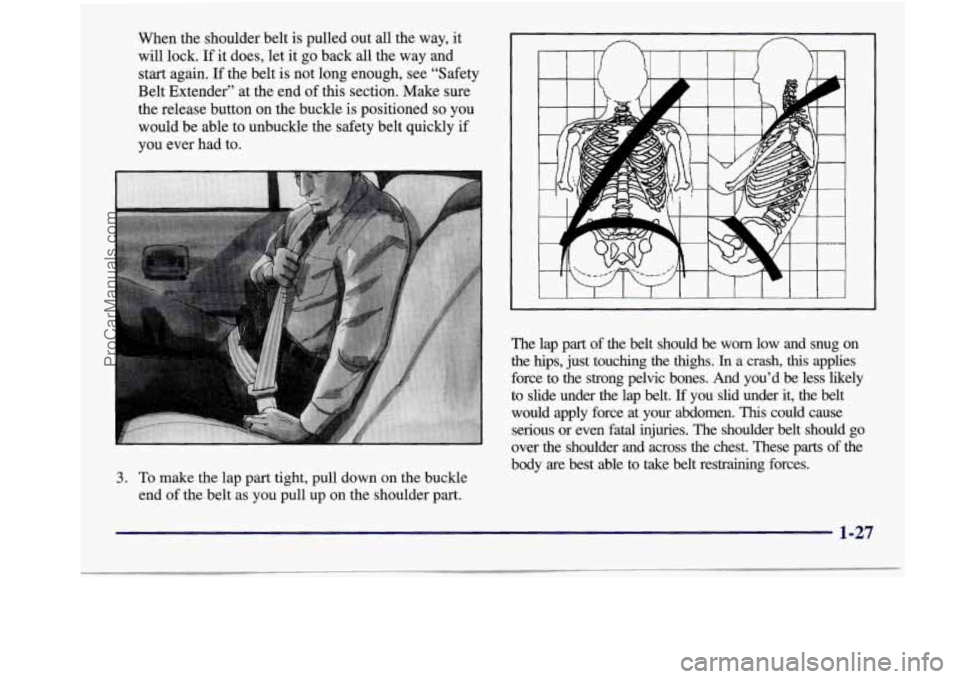BUICK REGAL 1998 Owners Guide When the shoulder belt is pulled out all the way, it
will lock. If it does, let it go back all the way and
start again.
If the belt is not long enough, see “Safety
Belt Ext BUICK REGAL 1998 Owners Guide When the shoulder belt is pulled out all the way, it
will lock. If it does, let it go back all the way and
start again.
If the belt is not long enough, see “Safety
Belt Ext