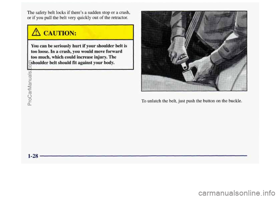 BUICK REGAL 1998 Owners Guide The safety belt locks if theres a sudden stop or a crash,
or if you pull the belt very quickly out of the retractor.
A CAUTION:
You can be seriously hurt if your shoulder belt is
too BUICK REGAL 1998 Owners Guide The safety belt locks if theres a sudden stop or a crash,
or if you pull the belt very quickly out of the retractor.
A CAUTION:
You can be seriously hurt if your shoulder belt is
too