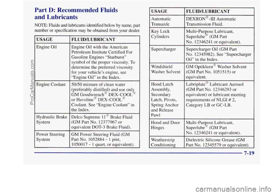 BUICK REGAL 1998 Owners Manual Part D: Recommended Fluids
and Lubricants
NOTE: Fluids and lubricants identified below by name, part
number or specification may be obtained from your dealer.
USAGE
Engine Oil
En BUICK REGAL 1998 Owners Manual Part D: Recommended Fluids
and Lubricants
NOTE: Fluids and lubricants identified below by name, part
number or specification may be obtained from your dealer.
USAGE
Engine Oil
En