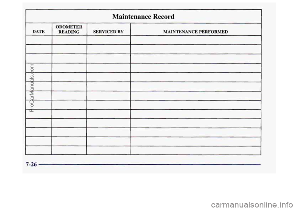 BUICK REGAL 1998  Owners Manual I 1 
Maintenance  Record 
ODOMETER 
DATE  MAINTENANCE PERFORMED 
SERVICED 
BY READING 
7-26 
ProCarManuals.com 