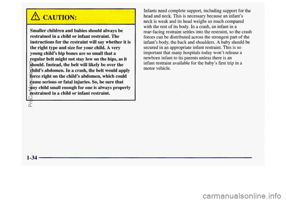 BUICK REGAL 1998 Service Manual ... ‘4 ,
Smaller children and babies should always be
restrained
in a child or infant restraint. The
instructions for the restraint will say whether it is
the right type and siz BUICK REGAL 1998 Service Manual ... ‘4 ,
Smaller children and babies should always be
restrained
in a child or infant restraint. The
instructions for the restraint will say whether it is
the right type and siz