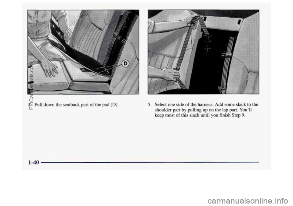 BUICK REGAL 1998 Service Manual 4. Pull down the seatback part of the  pad (D). 5. Select  one  side of the harness. Add some slack to the 
shoulder part by pulling 
up on the lap  part.  You’ll 
keep  most  of this slack until 
y