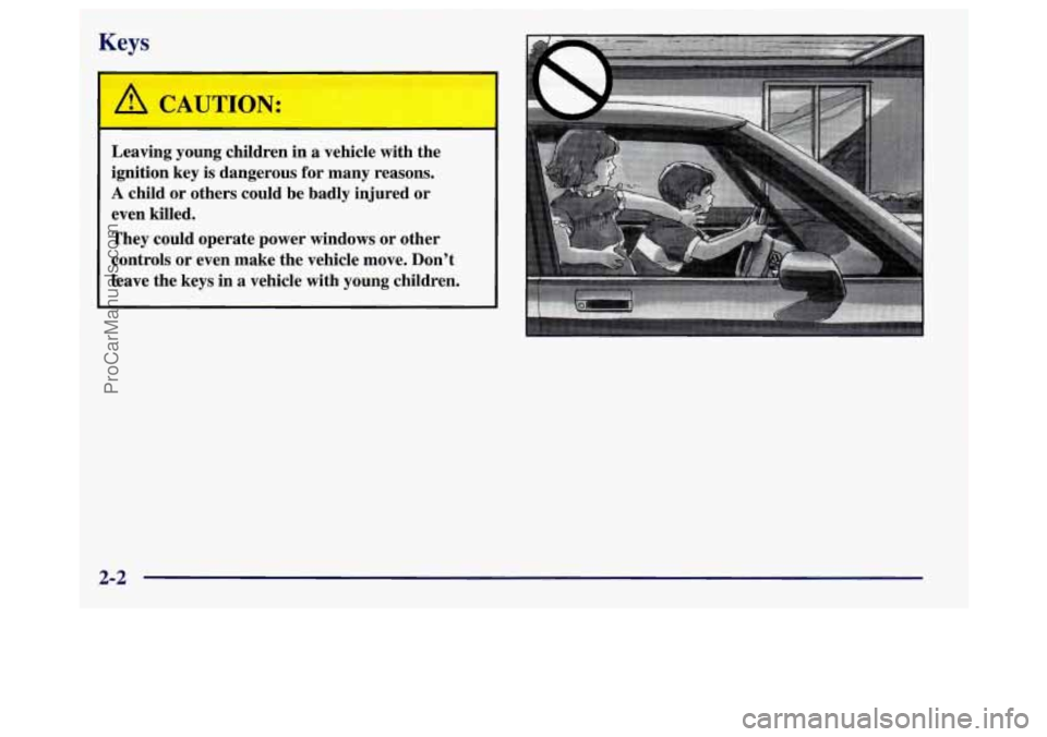 BUICK REGAL 1998 Manual PDF Keys 
fi CAUTION: 
Leaving  young  children  in  a  vehicle  with  the 
ignition  key  is dangerous  for  many  reasons. 
A child  or  others  could  be  badly  injured  or 
even  killed. 
They  could