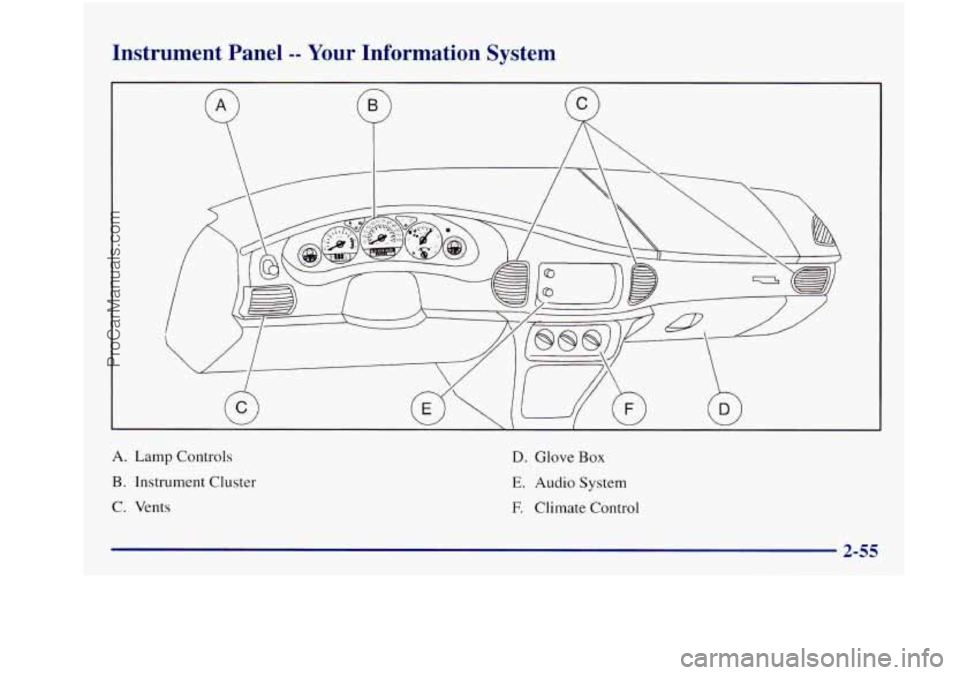 BUICK REGAL 1997 Owners Manual Instrument Panel -- Your Information System
A. Lamp Controls
B. Instrument Cluster
C. Vents
D. Glove Box
E. Audio System
F. Climate Control
ProCarManuals.com BUICK REGAL 1997 Owners Manual Instrument Panel -- Your Information System
A. Lamp Controls
B. Instrument Cluster
C. Vents
D. Glove Box
E. Audio System
F. Climate Control
ProCarManuals.com