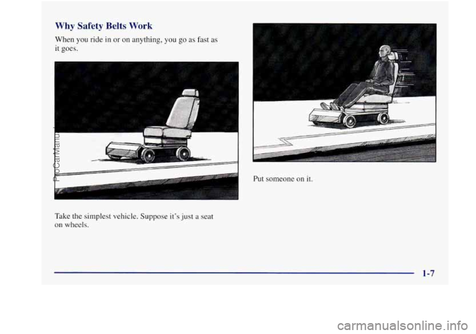 BUICK REGAL 1997 Owners Manual Why  Safety Belts Work 
When you ride in or  on  anything, you go  as  fast  as 
it goes. 
Take 
the simplest  vehicle. Suppose  its just a seat 
on wheels.  Put 
someone 
on it. 
ProCarManuals.com 