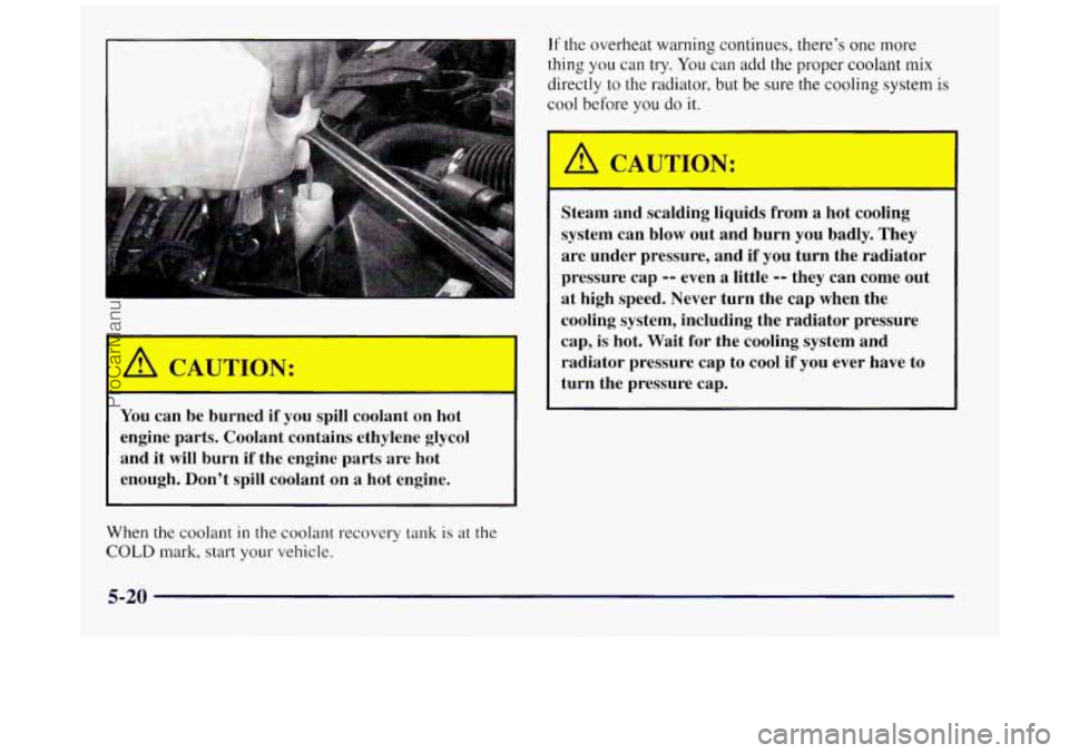 BUICK REGAL 1997 Owners Manual You can be burned if you spill coolant on hot
engine parts. Coolant contains ethylene glycol
and it will burn if the engine parts are hot
enough. Don’t spill coolant on a h BUICK REGAL 1997 Owners Manual You can be burned if you spill coolant on hot
engine parts. Coolant contains ethylene glycol
and it will burn if the engine parts are hot
enough. Don’t spill coolant on a h