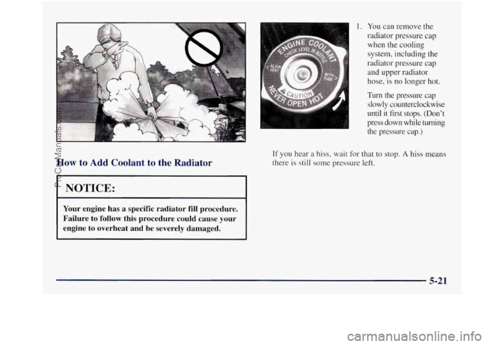 BUICK REGAL 1997 Owners Manual How to Add Coolant to the Radiator
I NOTICE:
Your engine has a specific radiator fill procedure.
Failure
to follow this procedure could cause your
engine to overheat and be severe BUICK REGAL 1997 Owners Manual How to Add Coolant to the Radiator
I NOTICE:
Your engine has a specific radiator fill procedure.
Failure
to follow this procedure could cause your
engine to overheat and be severe
