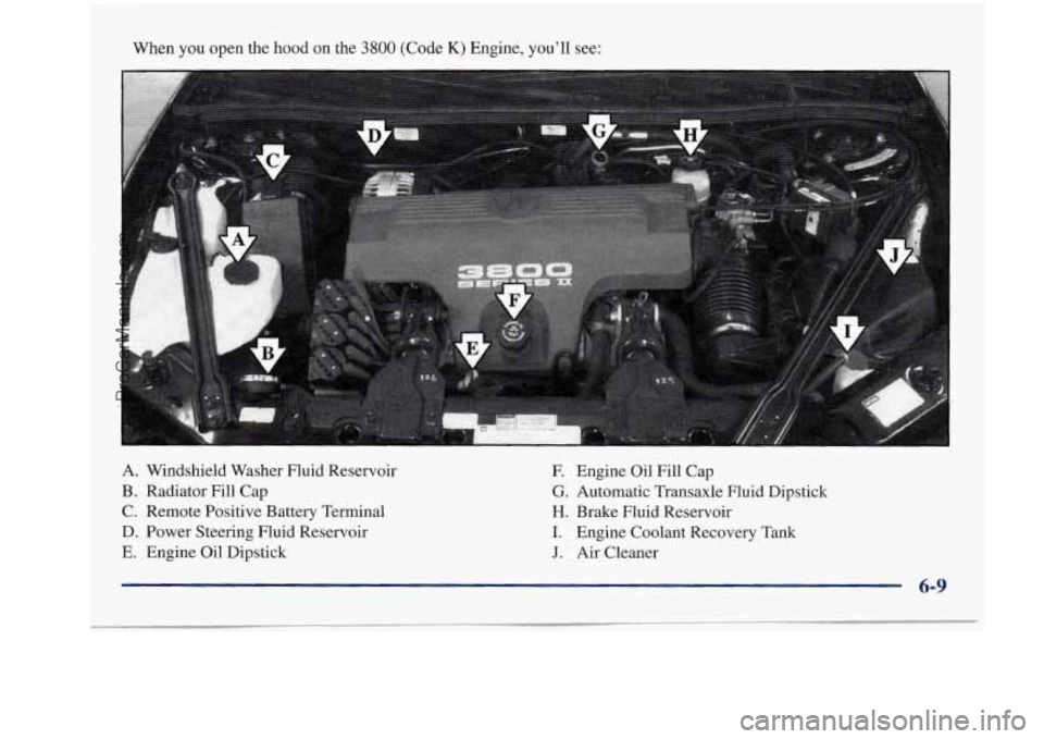 BUICK REGAL 1997  Owners Manual When you open  the  hood  on  the 3800 (Code K) Engine,  you’ll  see: 
A.  Windshield  Washer Fluid  Reservoir 
F. Engine  Oil  Fill  Cap 
B.  Radiator  Fill  Cap 
G. Automatic  Transaxle  Fluid  Di