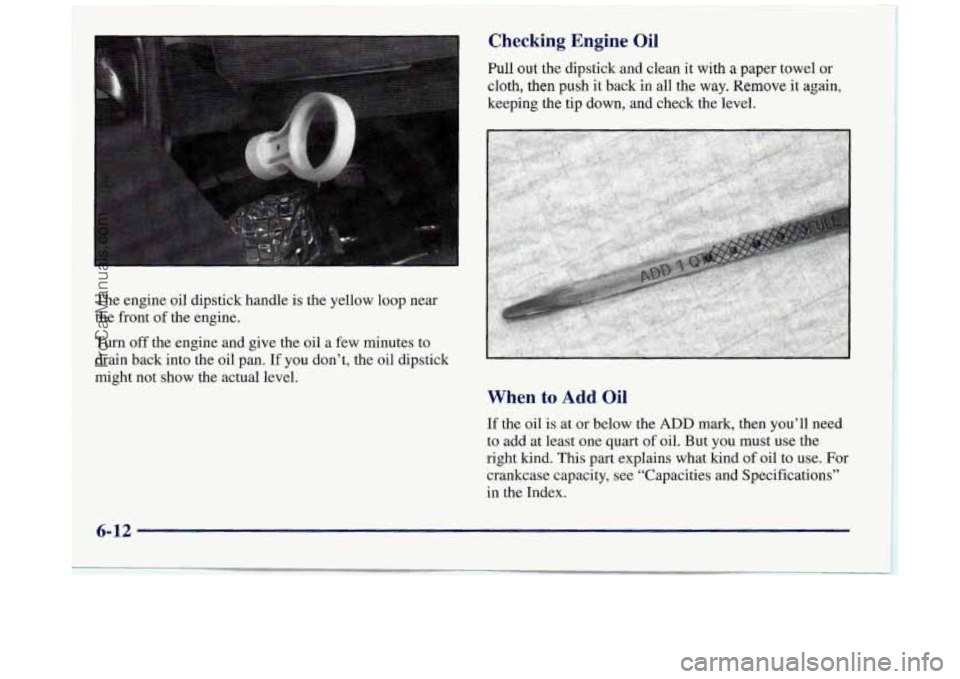 BUICK REGAL 1997 Owners Manual The engine oil dipstick handle is the yellow loop near
the front of
the engine.
Turn off the engine and give the oil a few minutes to
drain back into the oil pan. If you BUICK REGAL 1997 Owners Manual The engine oil dipstick handle is the yellow loop near
the front of
the engine.
Turn off the engine and give the oil a few minutes to
drain back into the oil pan. If you