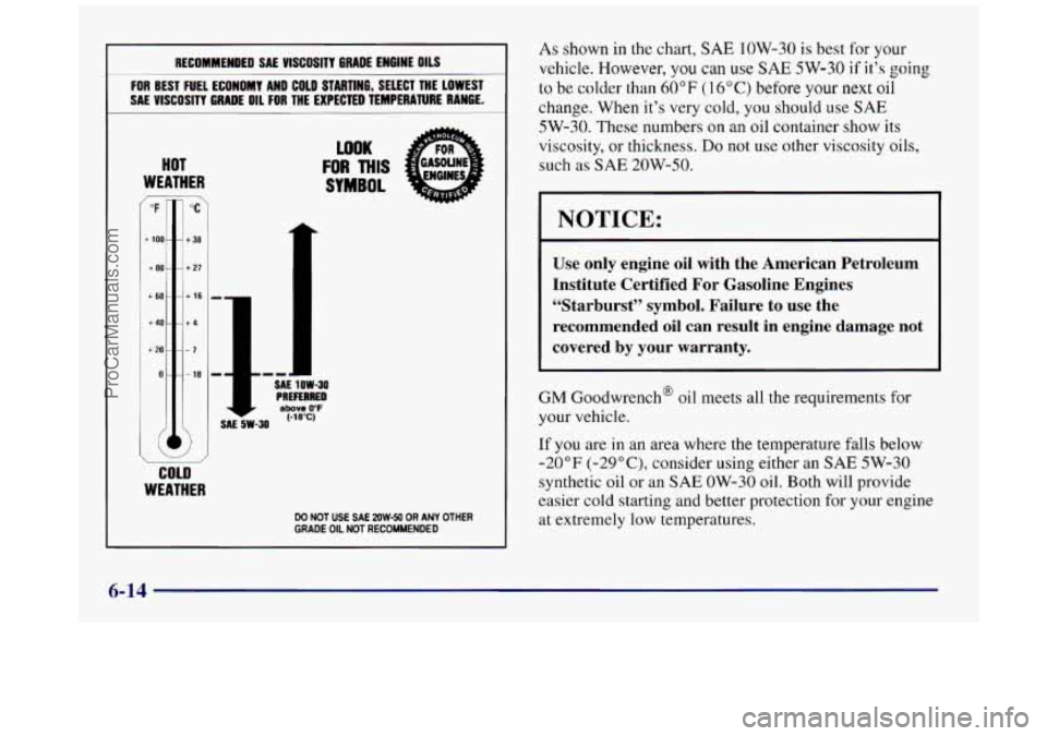 BUICK REGAL 1997 Owners Manual RECOMMENDED SAE VlSCOSlTI GRADE ENGINE OILS
FOR BEST FUEL ECONOMY AND COLD STARTING, SELECT THE LOWEST
SAL VISCOSITY GRADE OIL FOR THE EXPECTED TEMPERATURE RANGE.
HOT
WEATHER
/- ‘ OF ‘C BUICK REGAL 1997 Owners Manual RECOMMENDED SAE VlSCOSlTI GRADE ENGINE OILS
FOR BEST FUEL ECONOMY AND COLD STARTING, SELECT THE LOWEST
SAL VISCOSITY GRADE OIL FOR THE EXPECTED TEMPERATURE RANGE.
HOT
WEATHER
/- ‘ OF ‘C