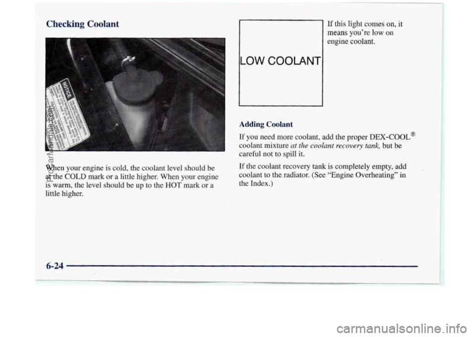 BUICK REGAL 1997 Owners Manual Checking Coolant
When your engine is cold, the coolant level should be
at the COLD mark or a little higher. When your engine
is warm, the level should be up to the HOT mark or BUICK REGAL 1997 Owners Manual Checking Coolant
When your engine is cold, the coolant level should be
at the COLD mark or a little higher. When your engine
is warm, the level should be up to the HOT mark or