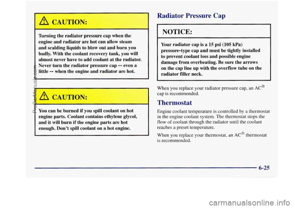 BUICK REGAL 1997 Owners Manual .- I, 7.5,
I’urning the radiator pressure cap when the
engine and radiator
are hot can allow steam
and scalding liquids to blow out and burn you
badly. With the coolant recovery BUICK REGAL 1997 Owners Manual .- I, 7.5,
I’urning the radiator pressure cap when the
engine and radiator
are hot can allow steam
and scalding liquids to blow out and burn you
badly. With the coolant recovery