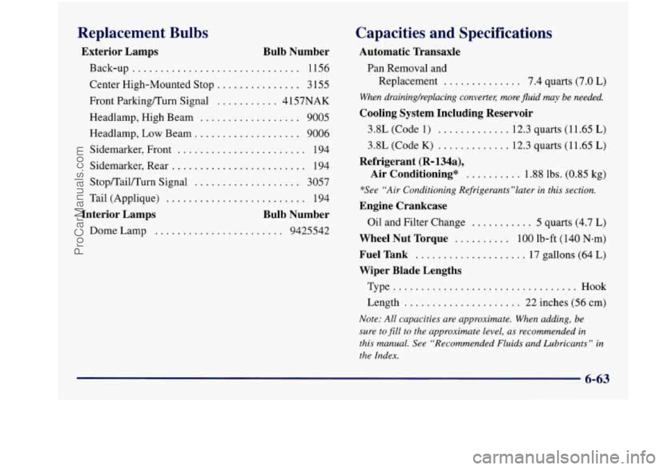 BUICK REGAL 1997 Owners Manual Replacement Bulbs
Exterior Lamps Bulb Number
Back-up .............................. 1156
Center High-Mounted Stop
............... 3 155
Front Parking/Turn Signal
........... 4 157NAK
H BUICK REGAL 1997 Owners Manual Replacement Bulbs
Exterior Lamps Bulb Number
Back-up .............................. 1156
Center High-Mounted Stop
............... 3 155
Front Parking/Turn Signal
........... 4 157NAK
H