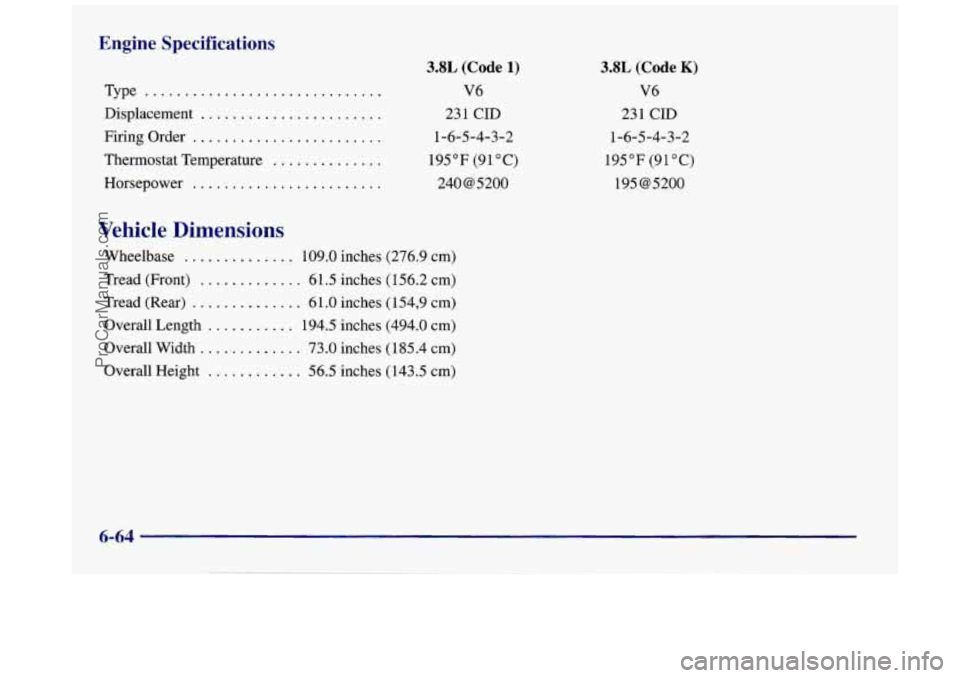 BUICK REGAL 1997 Owners Manual Engine Specifications
Type ..............................
Displacement .......................
Firing Order ........................
Horsepower ........................
Thermostat Temperature BUICK REGAL 1997 Owners Manual Engine Specifications
Type ..............................
Displacement .......................
Firing Order ........................
Horsepower ........................
Thermostat Temperature