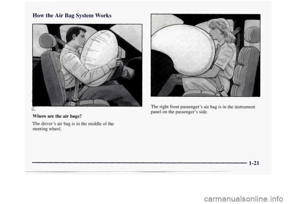 BUICK REGAL 1997 Owners Guide How the Air Bag System Works 
Where  are  the air bags? 
The  driver’s  air  bag is in  the  middle of the 
steering  wheel.  The  right  front  passenger’s 
air bag  is  in  the  instrument 
pane