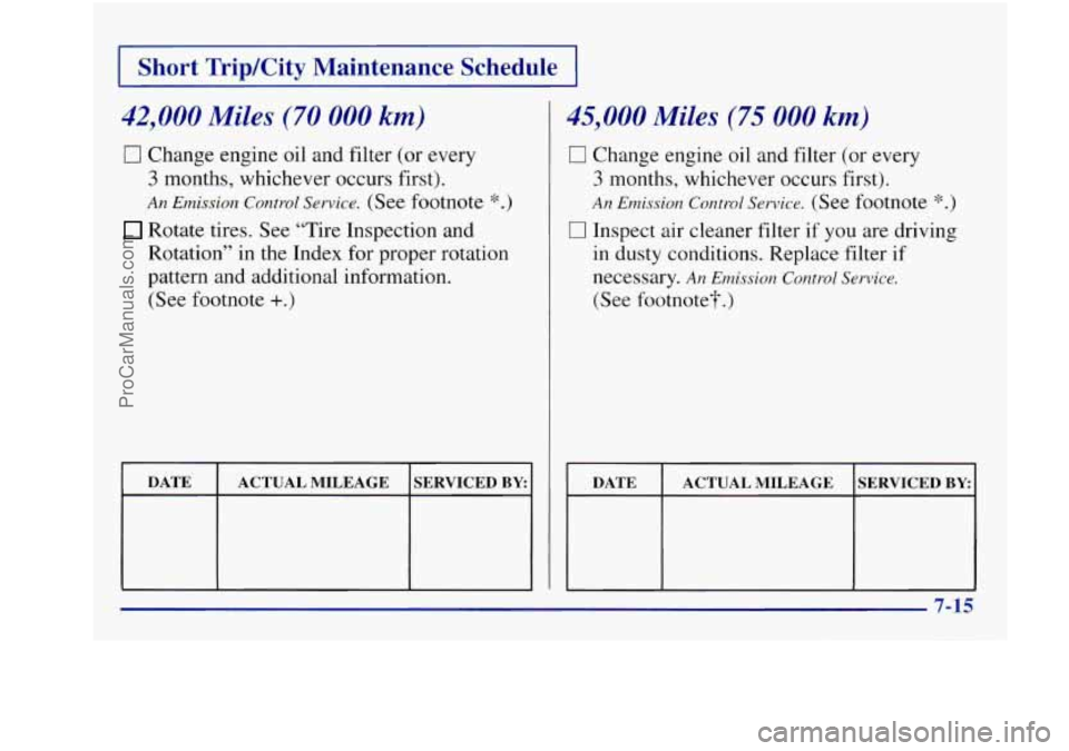BUICK REGAL 1997  Owners Manual I Short TripKity  Maintenance  Schedule I 
42,000 Miles (70 000 km) 
17 Change engine oil  and filter (or every 
3 months, whichever occurs  first). 
An Emission Control Service. (See footnote *.) 
Ro