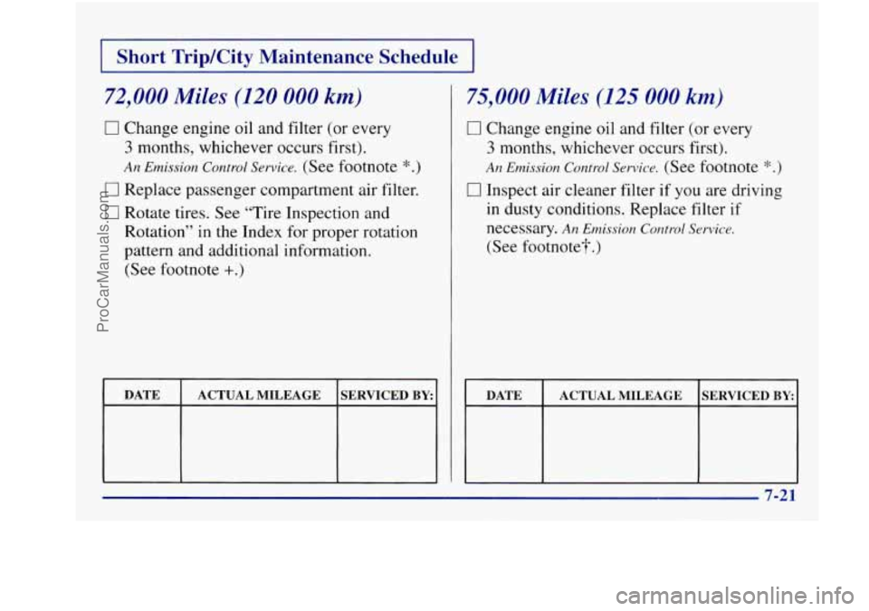 BUICK REGAL 1997 Owners Manual Short TripKity Maintenance Schedule
72,000 Miles (120 000 km)
0 Change engine oil and filter (or every
3 months, whichever occurs first).
An Emission Control Sewice. (See footnote *.)
0 R BUICK REGAL 1997 Owners Manual Short TripKity Maintenance Schedule
72,000 Miles (120 000 km)
0 Change engine oil and filter (or every
3 months, whichever occurs first).
An Emission Control Sewice. (See footnote *.)
0 R