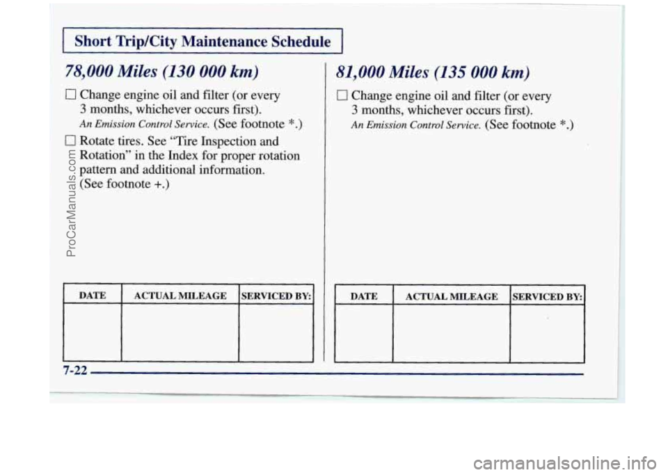 BUICK REGAL 1997 Owners Manual I Short TripKity Maintenance Schedule I
78,000 Miles (130 000 km)
0 Change engine oil and filter (or every
3 months, whichever occurs first).
An Emission Control Service. (See footnote BUICK REGAL 1997 Owners Manual I Short TripKity Maintenance Schedule I
78,000 Miles (130 000 km)
0 Change engine oil and filter (or every
3 months, whichever occurs first).
An Emission Control Service. (See footnote