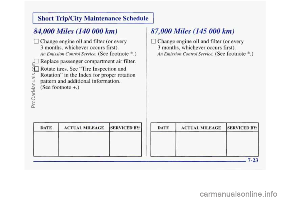 BUICK REGAL 1997 Owners Manual I Short TripKity Maintenance Schedule I
84,000 Miles (140 000 km)
0 Change engine oil and filter (or every
3 months, whichever occurs first).
An Emission Control Service. (See footnote *.)
0 R BUICK REGAL 1997 Owners Manual I Short TripKity Maintenance Schedule I
84,000 Miles (140 000 km)
0 Change engine oil and filter (or every
3 months, whichever occurs first).
An Emission Control Service. (See footnote *.)
0 R