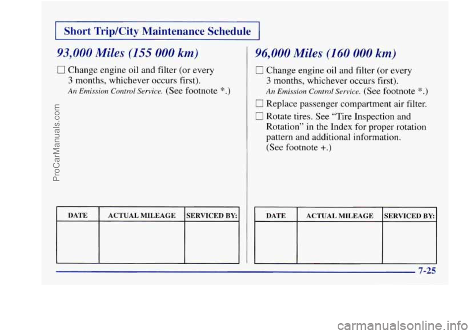 BUICK REGAL 1997 Owners Manual I Short Trip/City Maintenance Schedule I
93,000 Miles (155 000 km)
0 Change engine oil and filter (or every
3 months, whichever occurs first).
An Emission Control Service. (See footnote *.)
h BUICK REGAL 1997 Owners Manual I Short Trip/City Maintenance Schedule I
93,000 Miles (155 000 km)
0 Change engine oil and filter (or every
3 months, whichever occurs first).
An Emission Control Service. (See footnote *.)
h