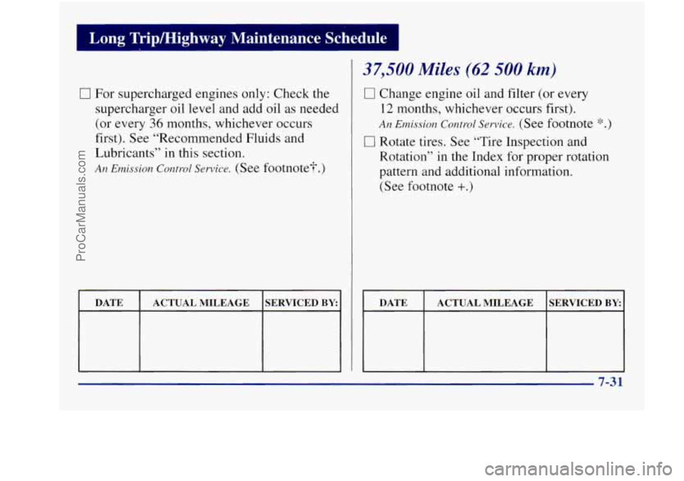 BUICK REGAL 1997 Owners Manual Long Trip/Highway Maintenance Schedule I ~ ~~ ~~ -
I7 For supercharged engines only: Check the
supercharger oil level and add oil as needed
(or every
36 months, whichever occurs
BUICK REGAL 1997 Owners Manual Long Trip/Highway Maintenance Schedule I ~ ~~ ~~ -
I7 For supercharged engines only: Check the
supercharger oil level and add oil as needed
(or every
36 months, whichever occurs