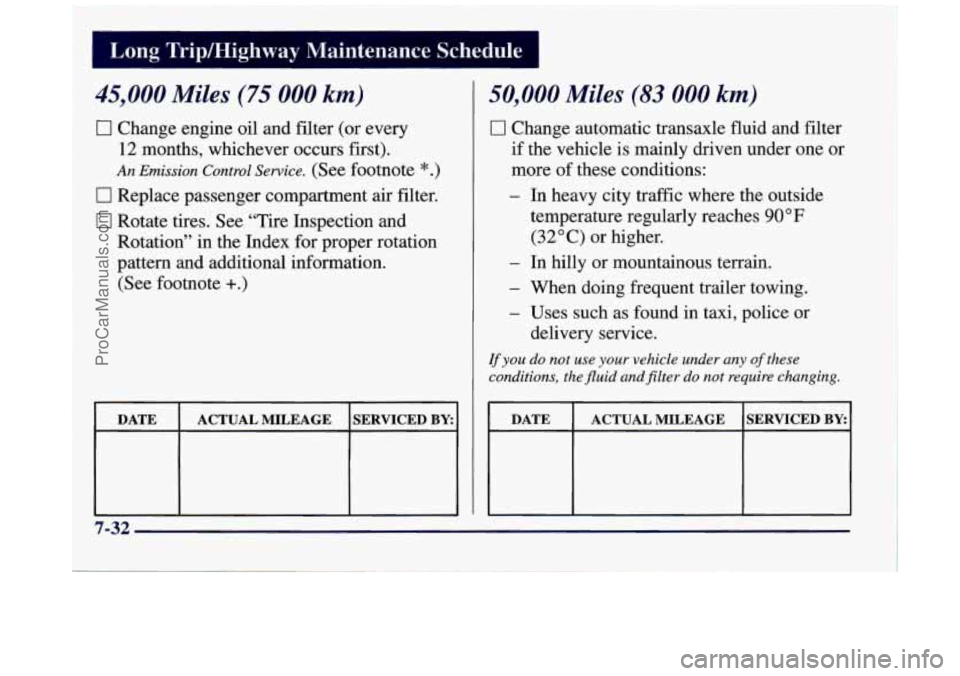BUICK REGAL 1997 Owners Manual I Long Trip/Highway Maintenance Schedule
45,000 Miles (75 000 km)
0 Change engine oil and filter (or every
12 months, whichever occurs first).
An Emission Control Service. (See footnote * .)
0 BUICK REGAL 1997 Owners Manual I Long Trip/Highway Maintenance Schedule
45,000 Miles (75 000 km)
0 Change engine oil and filter (or every
12 months, whichever occurs first).
An Emission Control Service. (See footnote * .)
0