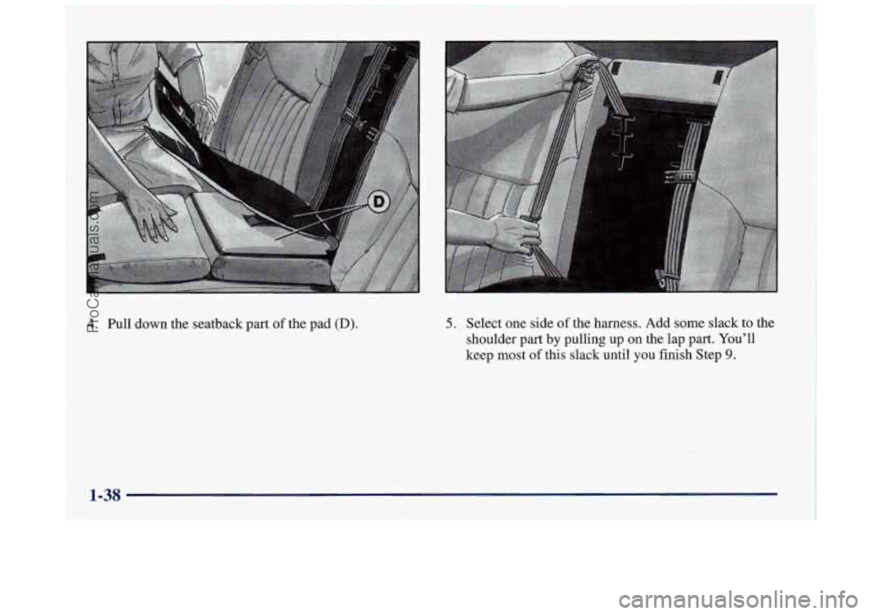 BUICK REGAL 1997 Workshop Manual 4. Pull down the  seatback  part of the  pad (D). 5. Select  one  side of the  harness.  Add  some  slack  to  the 
shoulder  part  by 
pulling up on the  lap  part.  Youll 
keep  most 
of this  slac