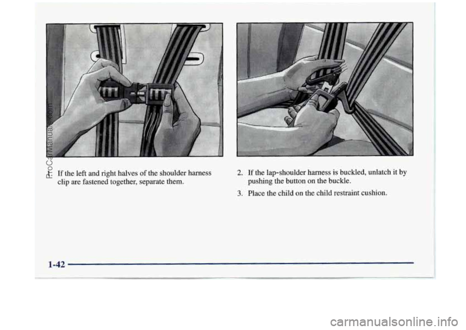 BUICK REGAL 1997 Workshop Manual 1. If the  left  and  right  halves of the  shoulder  harness 
clip  are  fastened  together,  separate  them. 2. If  the  lap-shoulder  harness  is  buckled,  unlatch  it  by 
3. Place  the  child  o