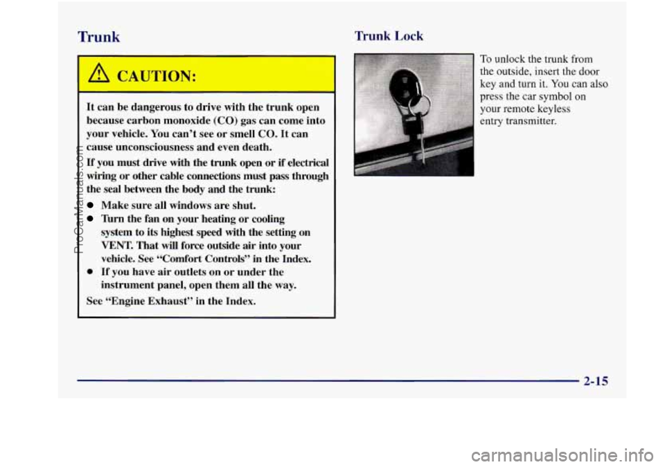 BUICK REGAL 1997  Owners Manual Trunk Trunk Lock 
It can  be dangerous  to drive  with the  trunk  open 
because  carbon monoxide 
(CO) gas can  come into 
your  vehicle.  You can’t  see or smell 
CO. It can 
cause unconsciousness