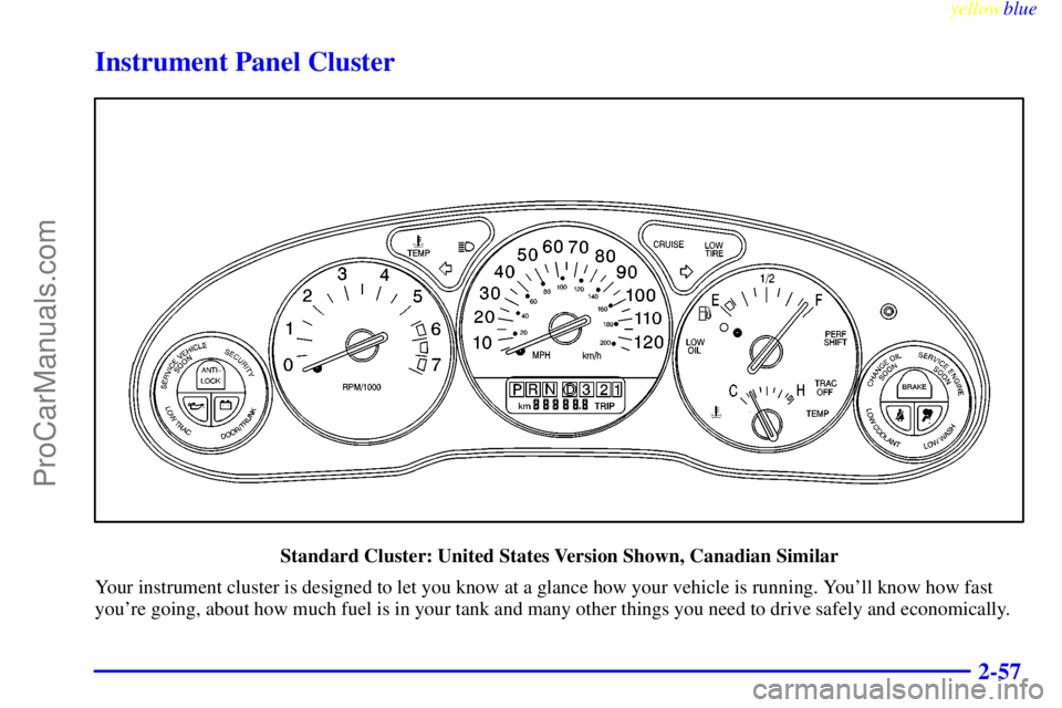 BUICK REGAL 1999  Owners Manual yellowblue     
2-57
Instrument Panel Cluster
Standard Cluster: United States Version Shown, Canadian Similar
Your instrument cluster is designed to let you know at a glance how your vehicle is runnin