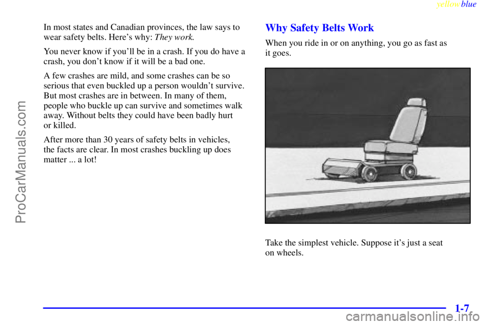 BUICK REGAL 1999 User Guide yellowblue
1-7
In most states and Canadian provinces, the law says to
wear safety belts. Heres why: They work.
You never know if youll be in a crash. If you do have a
crash, you dont know if i BUICK REGAL 1999 User Guide yellowblue
1-7
In most states and Canadian provinces, the law says to
wear safety belts. Heres why: They work.
You never know if youll be in a crash. If you do have a
crash, you dont know if i