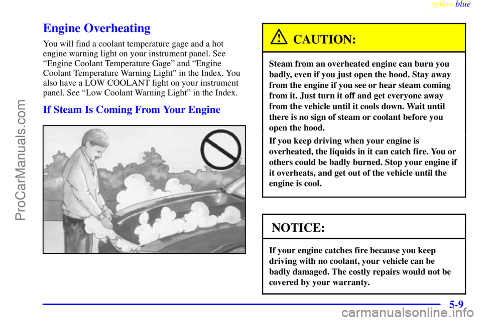 BUICK REGAL 1999  Owners Manual yellowblue     
5-9
Engine Overheating
You will find a coolant temperature gage and a hot
engine warning light on your instrument panel. See
ªEngine Coolant Temperature Gageº and ªEngine
Coolant Te