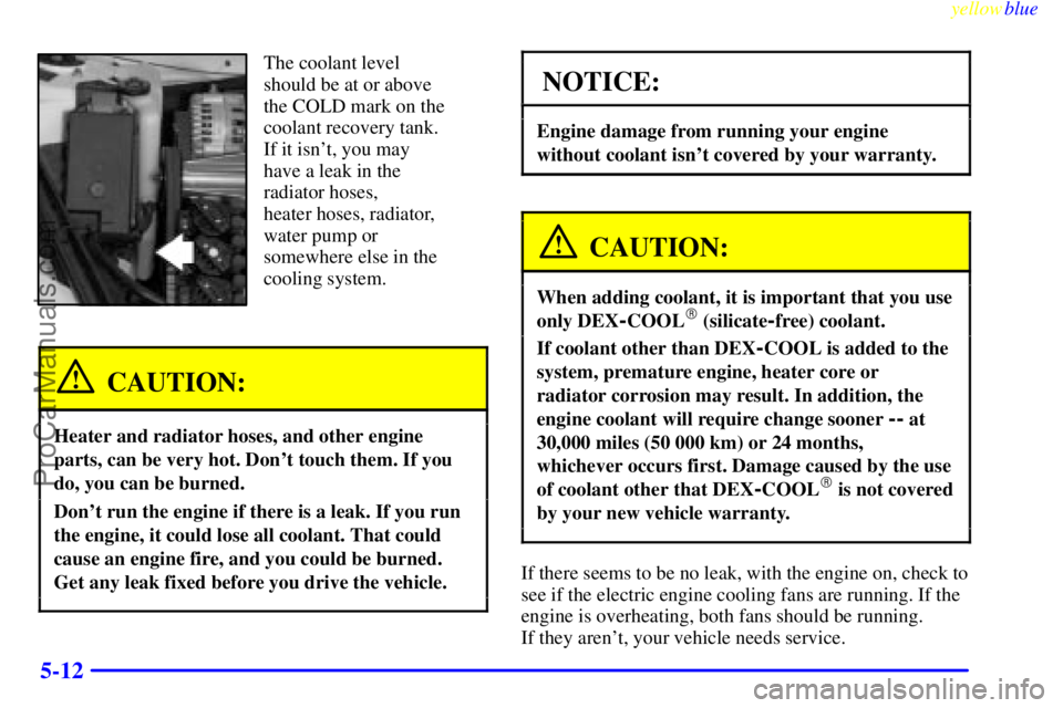 BUICK REGAL 1999  Owners Manual yellowblue     
5-12
The coolant level
should be at or above
the COLD mark on the
coolant recovery tank.
If it isnt, you may
have a leak in the
radiator hoses, 
heater hoses, radiator,
water pump or
