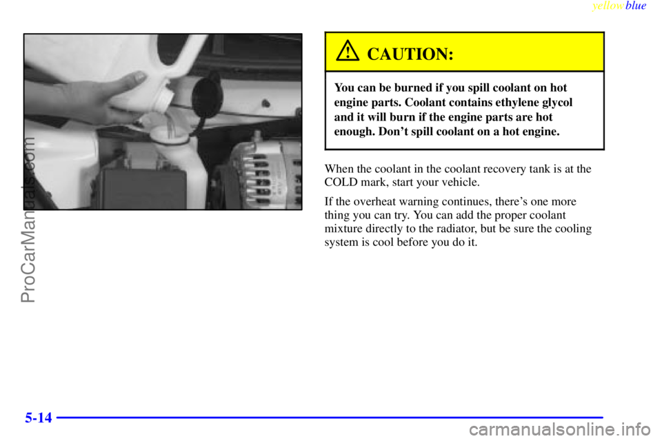 BUICK REGAL 1999  Owners Manual yellowblue     
5-14
CAUTION:
You can be burned if you spill coolant on hot
engine parts. Coolant contains ethylene glycol
and it will burn if the engine parts are hot
enough. Dont spill coolant on a