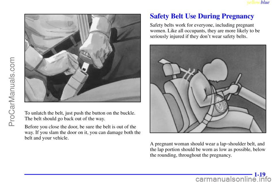 BUICK REGAL 1999 Owners Manual yellowblue
1-19
To unlatch the belt, just push the button on the buckle.
The belt should go back out of the way.
Before you close the door, be sure the belt is out of the
way. If you slam the doo BUICK REGAL 1999 Owners Manual yellowblue
1-19
To unlatch the belt, just push the button on the buckle.
The belt should go back out of the way.
Before you close the door, be sure the belt is out of the
way. If you slam the doo