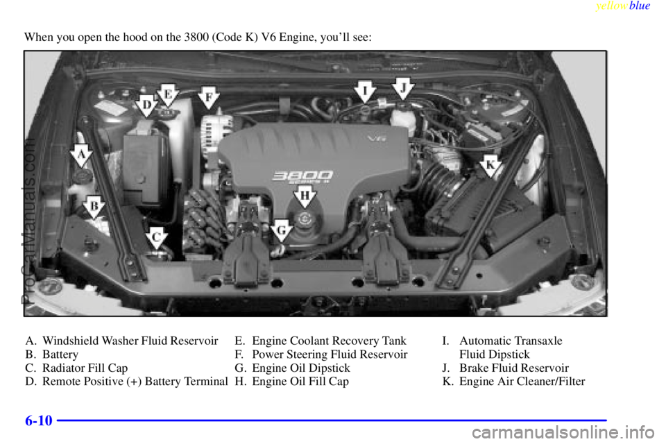 BUICK REGAL 1999  Owners Manual yellowblue     
6-10
When you open the hood on the 3800 (Code K) V6 Engine, youll see:
A. Windshield Washer Fluid Reservoir
B. Battery
C. Radiator Fill Cap
D. Remote Positive (+) Battery TerminalE. E