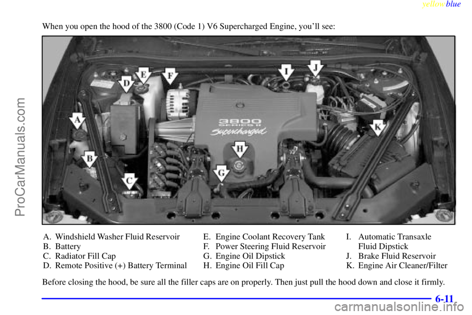 BUICK REGAL 1999  Owners Manual yellowblue     
6-11
When you open the hood of the 3800 (Code 1) V6 Supercharged Engine, youll see:
A. Windshield Washer Fluid Reservoir
B. Battery
C. Radiator Fill Cap
D. Remote Positive (+) Battery