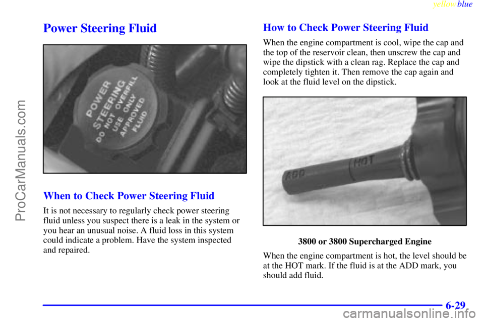 BUICK REGAL 1999  Owners Manual yellowblue     
6-29
Power Steering Fluid
When to Check Power Steering Fluid
It is not necessary to regularly check power steering
fluid unless you suspect there is a leak in the system or
you hear an