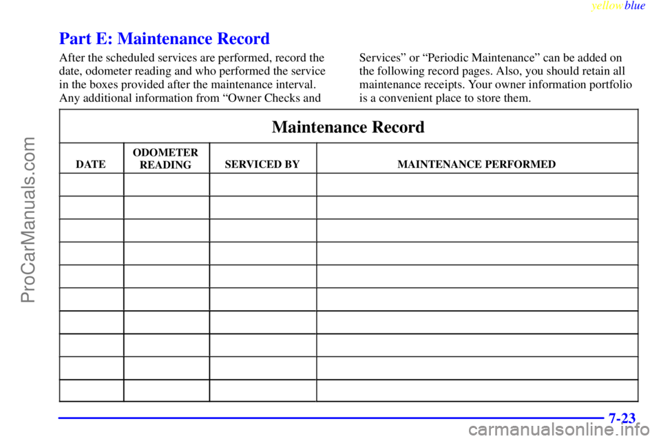 BUICK REGAL 1999  Owners Manual yellowblue     
7-23
Part E: Maintenance Record
After the scheduled services are performed, record the
date, odometer reading and who performed the service
in the boxes provided after the maintenance 