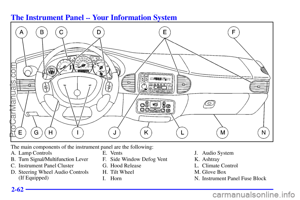BUICK REGAL 2001  Owners Manual 2-62
The Instrument Panel -- Your Information System
The main components of the instrument panel are the following:
A. Lamp Controls
B. Turn Signal/Multifunction Lever
C. Instrument Panel Cluster
D. S