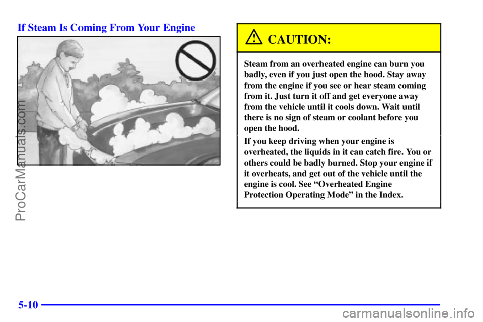 BUICK REGAL 2001 Owners Manual 5-10 If Steam Is Coming From Your Engine
CAUTION:
Steam from an overheated engine can burn you
badly, even if you just open the hood. Stay away
from the engine if you see or hear steam coming
from it. BUICK REGAL 2001 Owners Manual 5-10 If Steam Is Coming From Your Engine
CAUTION:
Steam from an overheated engine can burn you
badly, even if you just open the hood. Stay away
from the engine if you see or hear steam coming
from it.