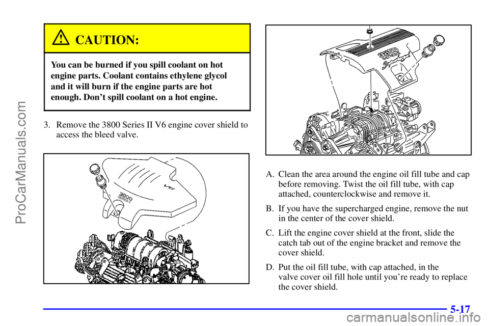 BUICK REGAL 2001  Owners Manual 5-17
CAUTION:
You can be burned if you spill coolant on hot
engine parts. Coolant contains ethylene glycol
and it will burn if the engine parts are hot
enough. Dont spill coolant on a hot engine.
3. 
